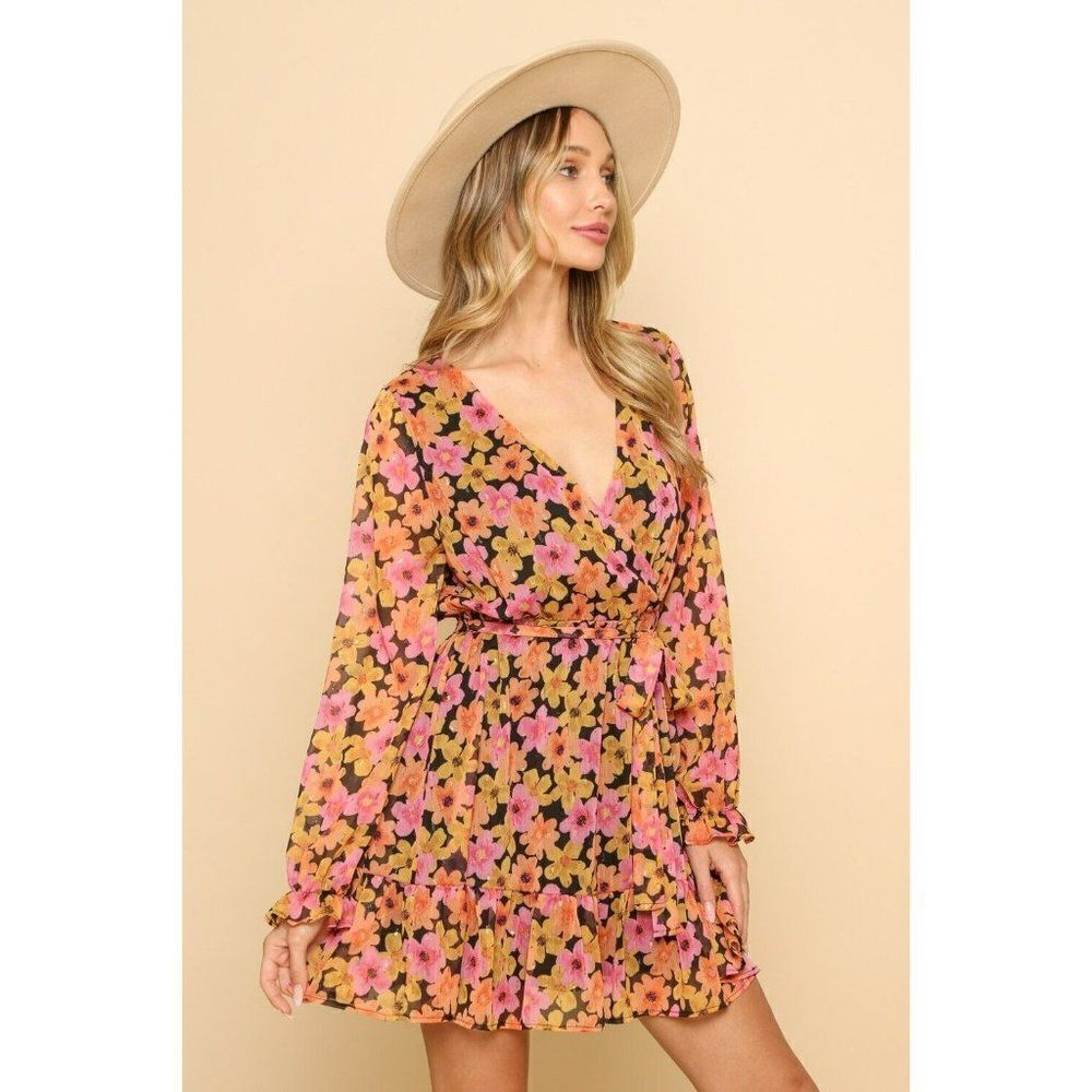 SALE! Peach Love Women Floral Fall Dress Babydoll Pink Orange Flowers D85620-01 - Picture 3 of 10